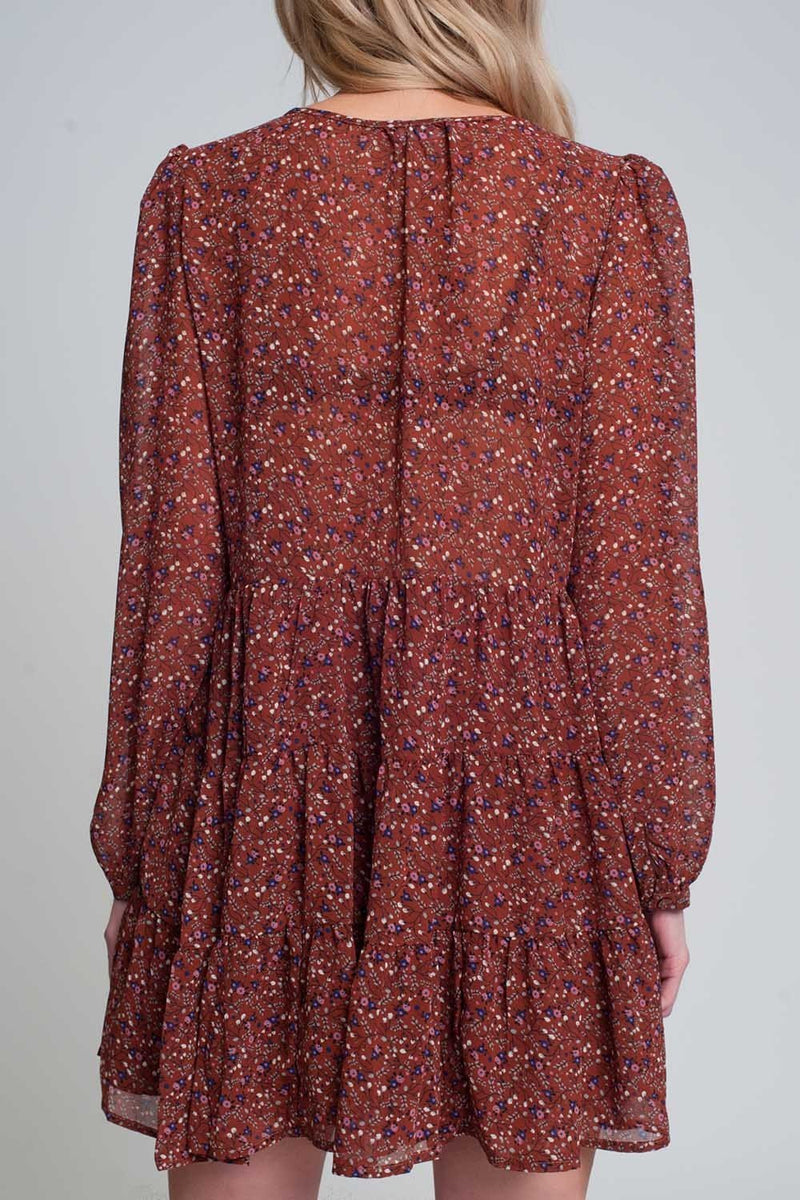 Brown Short Chiffon Dress With Long Sleeves and Ruffles in Floral Print - Sorta Stuff
