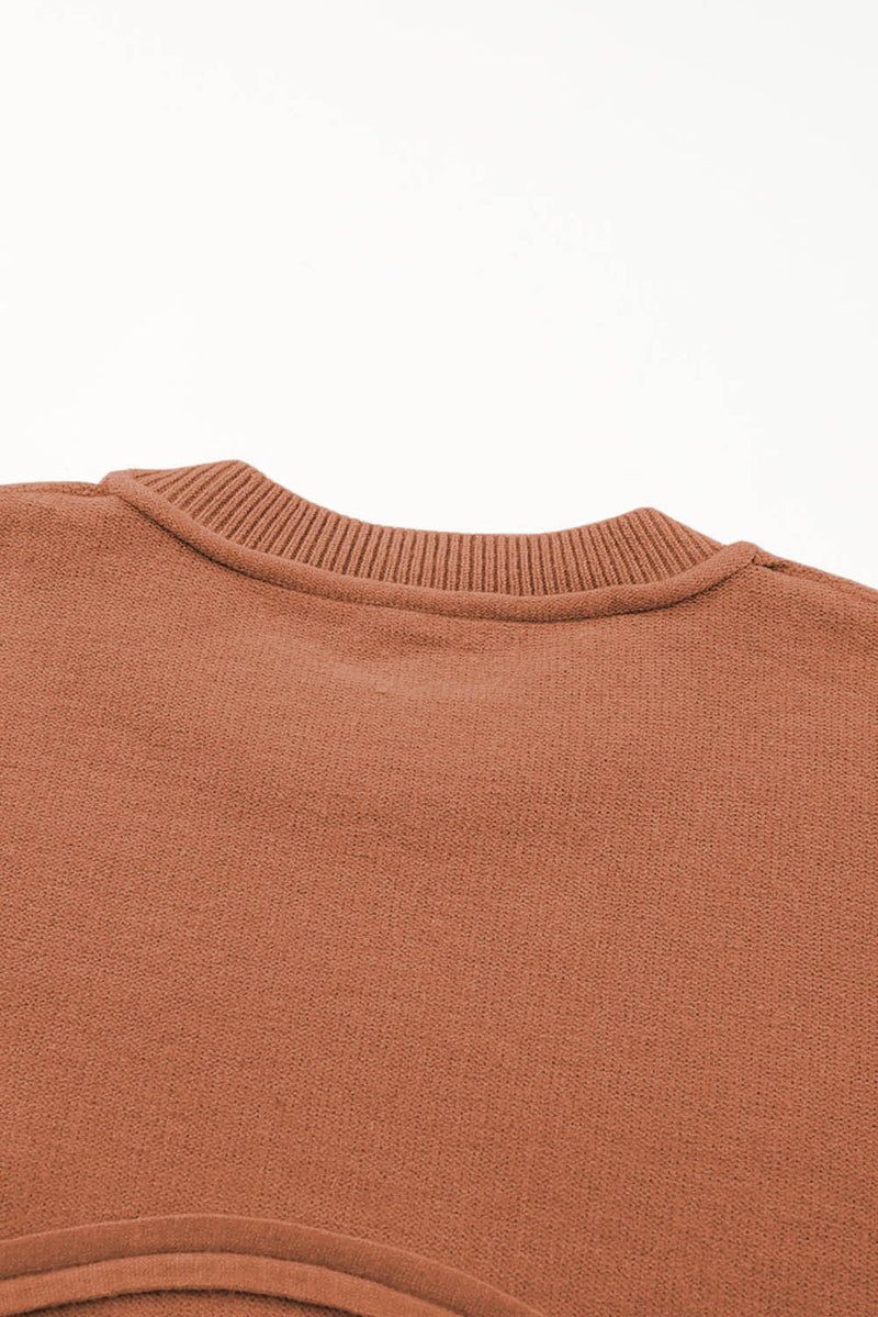 Orange Raw Edge Pocket Exposed Seam Lantern Sleeve Sweater