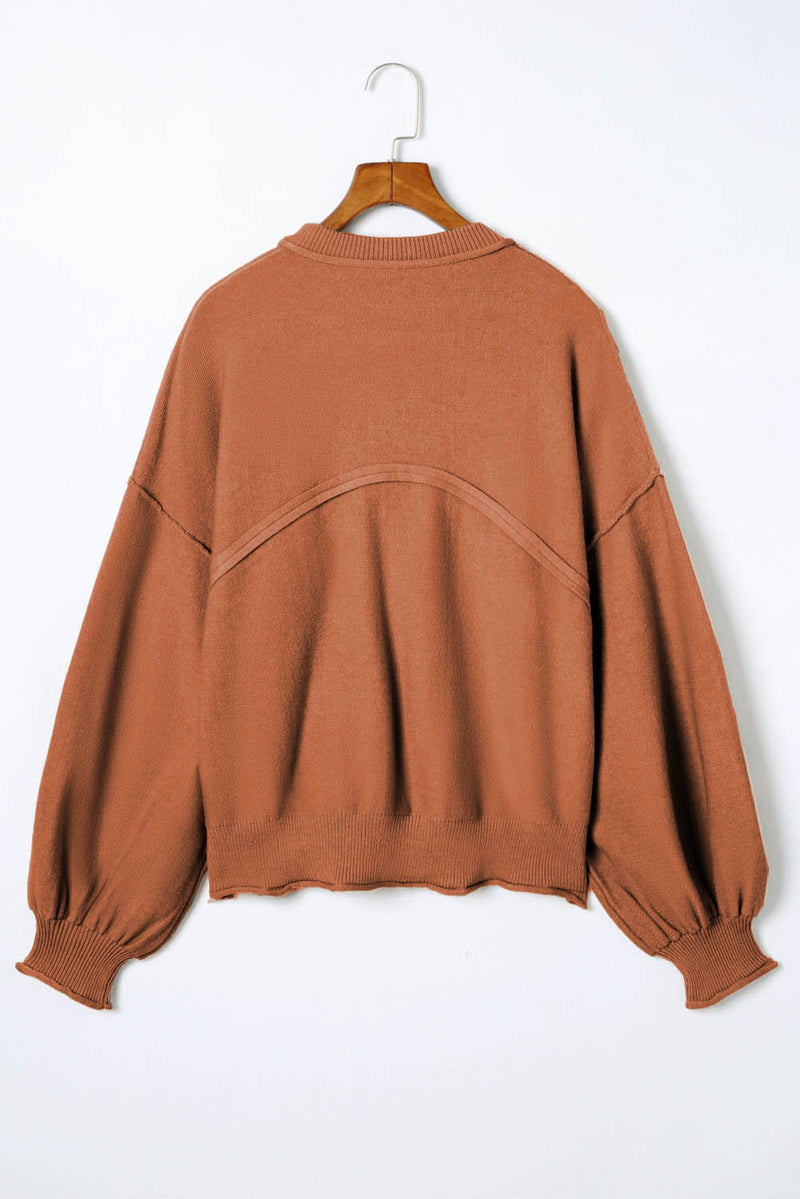 Orange Raw Edge Pocket Exposed Seam Lantern Sleeve Sweater