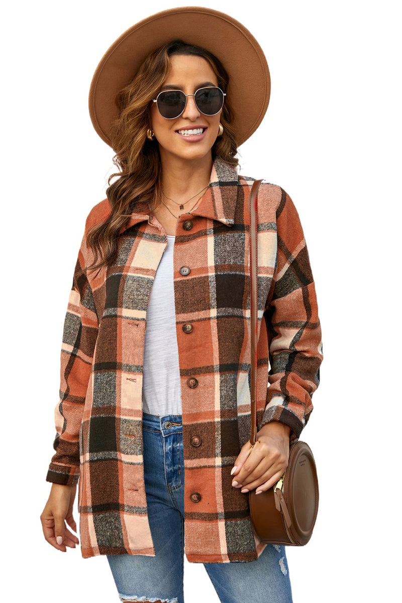 Yellow Plaid Color Block Button Front Pocket Casual Shirt Jacket for Women
