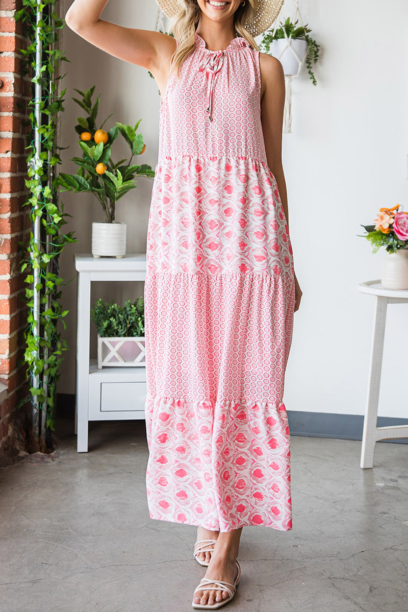 Pink Bohemian Geometric Print Tie Front Sleeveless Maxi Dress