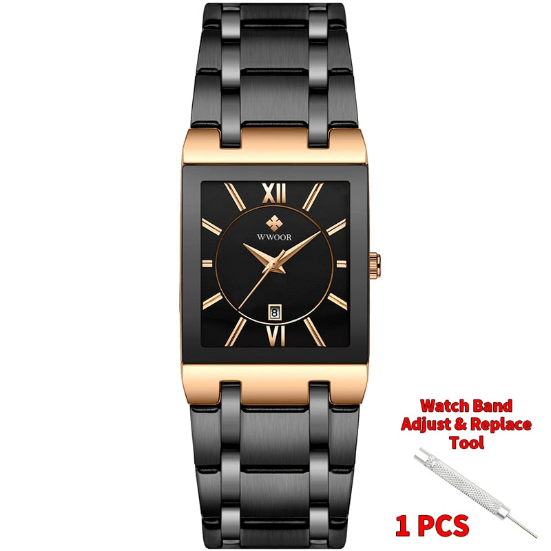 WWOOR Mens Square Quartz Wrist Watches Luxury Gold Black Watch Stainless Steel Waterproof Automatic Date Clock Relogio Masculino