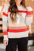 White Striped Color Block Drop Shoulder Knit Sweater