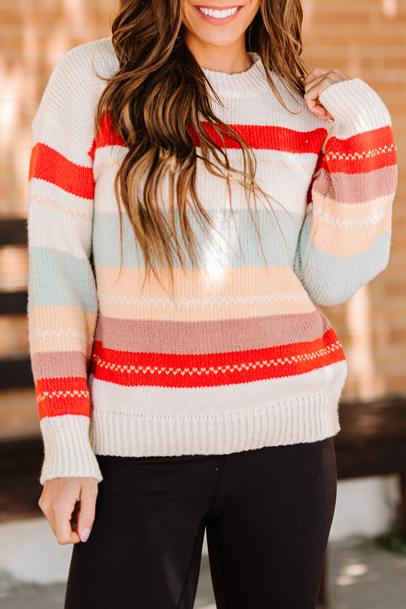 White Striped Color Block Drop Shoulder Knit Sweater