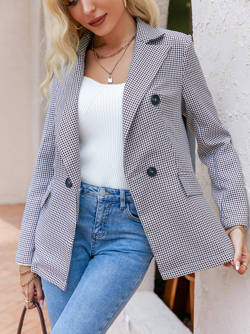 Plaid Double Breasted Blazer Without Belt