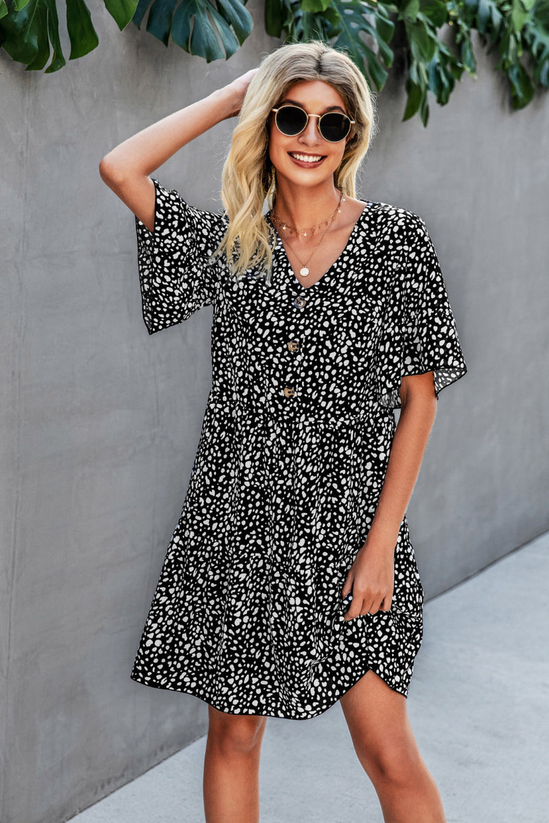 Printed Mid Flounce Sleeve Buttoned Dress