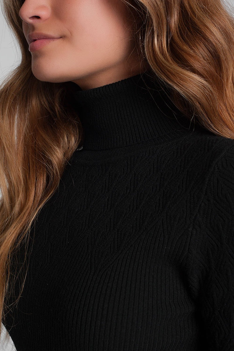 Soft Knitted Turtleneck Fitted Sweater in Black