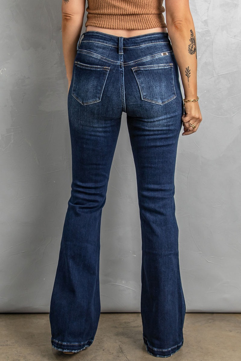 Dark Washed Distressed Flare Bottom Jeans