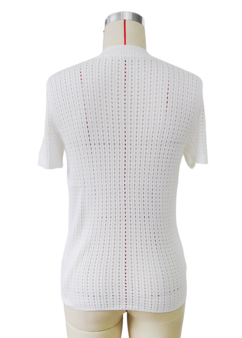 White Hollow-Out Knitted Short Sleeve T Shirt