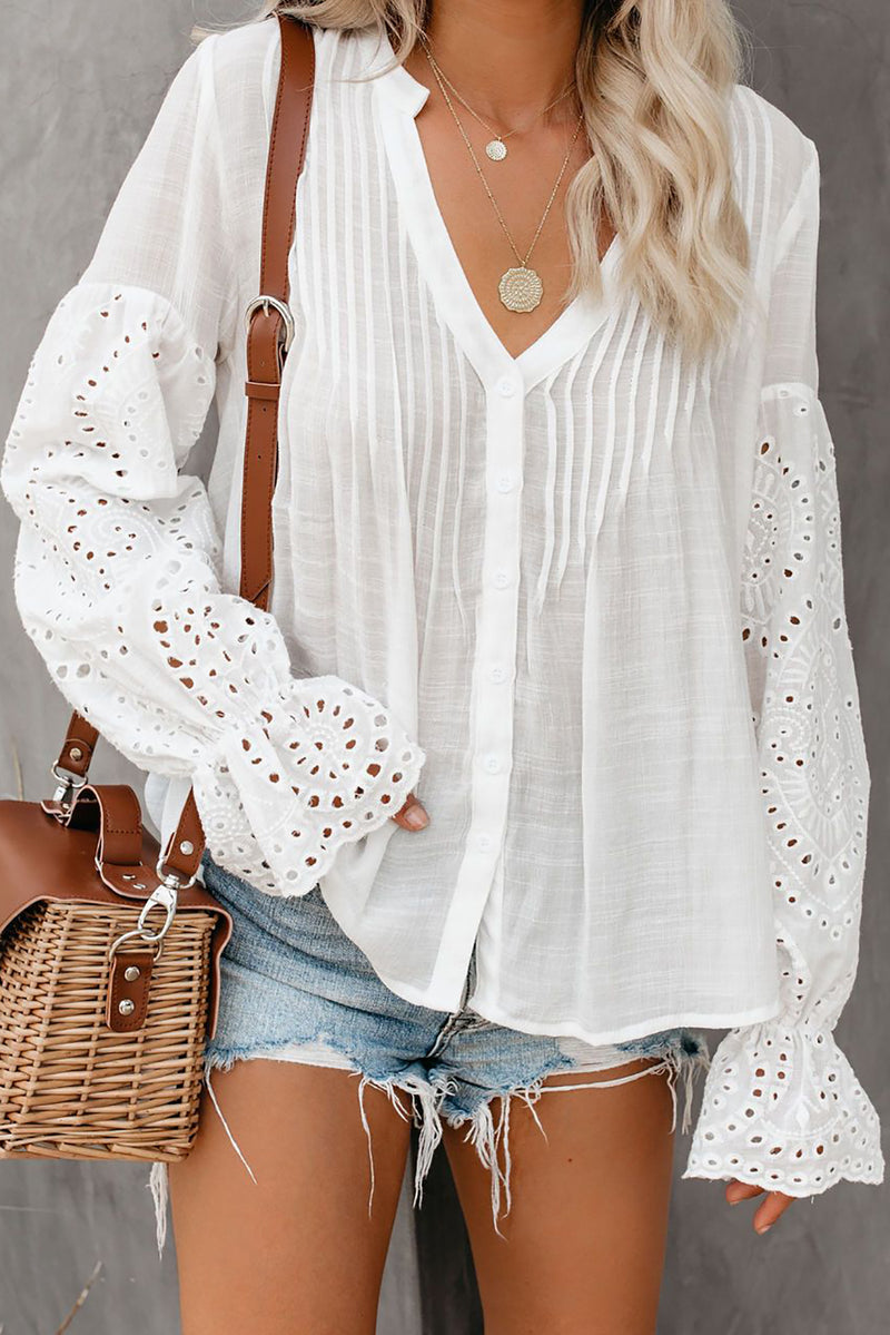 White Casual Eyelet Button Up Blouse for Women