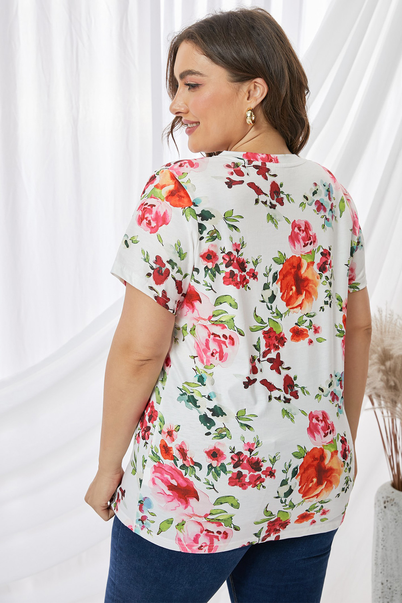 Plus Size Floral Sequin Pocket Short Sleeve T-Shirt