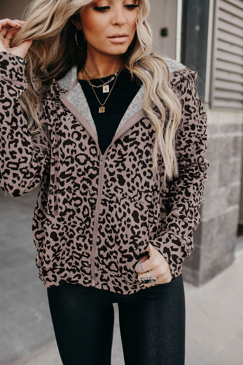 Leopard Print Zipper Hooded Jacket With Pocket