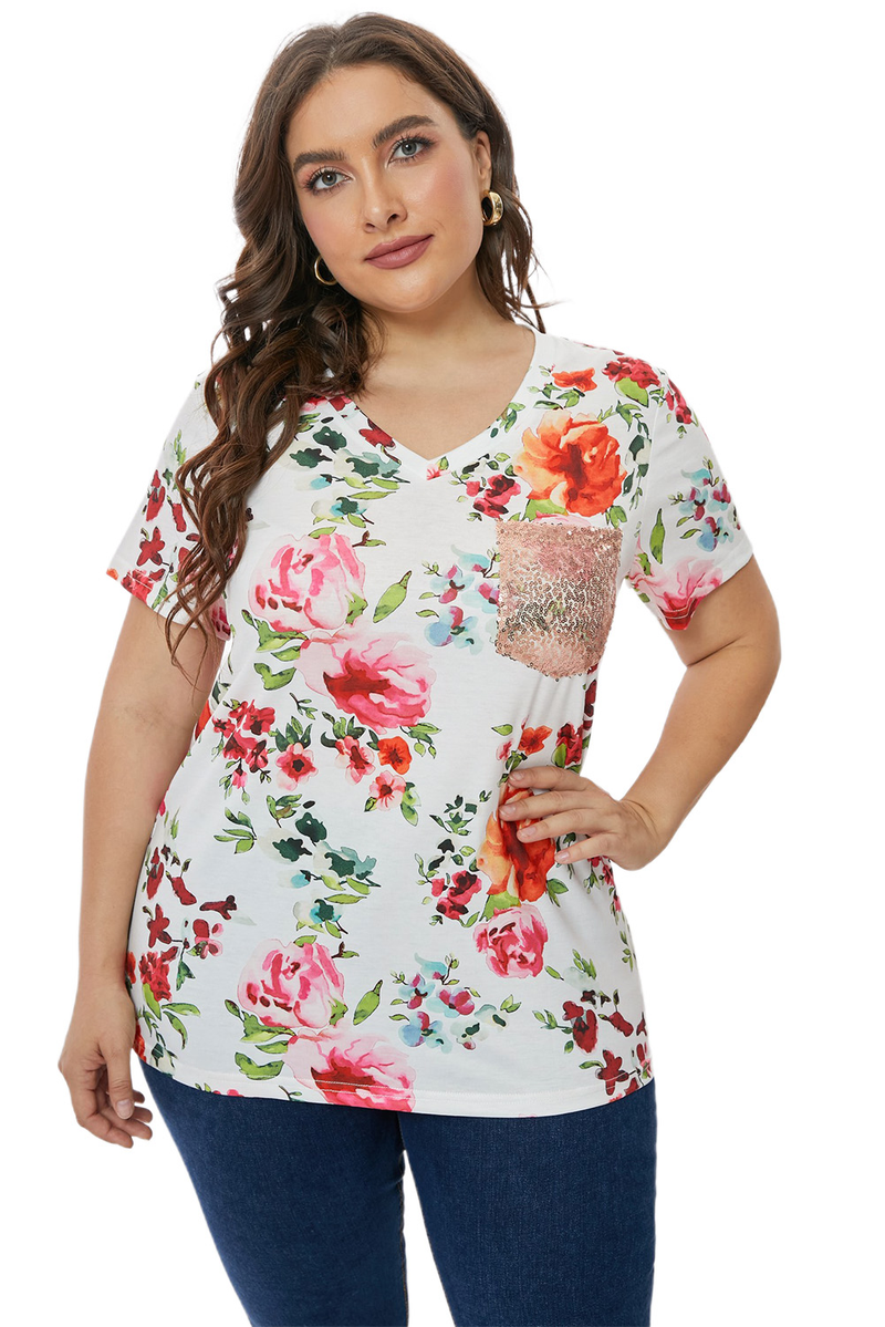 Plus Size Floral Sequin Pocket Short Sleeve T-Shirt