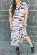 Plus Size Striped Print V Neck Side Slit Dress