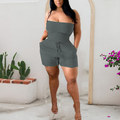 Plus Size Solid Color Strapless Shirring Belted Romper