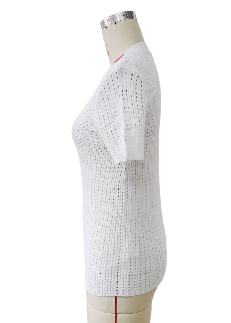 White Hollow-Out Knitted Short Sleeve T Shirt