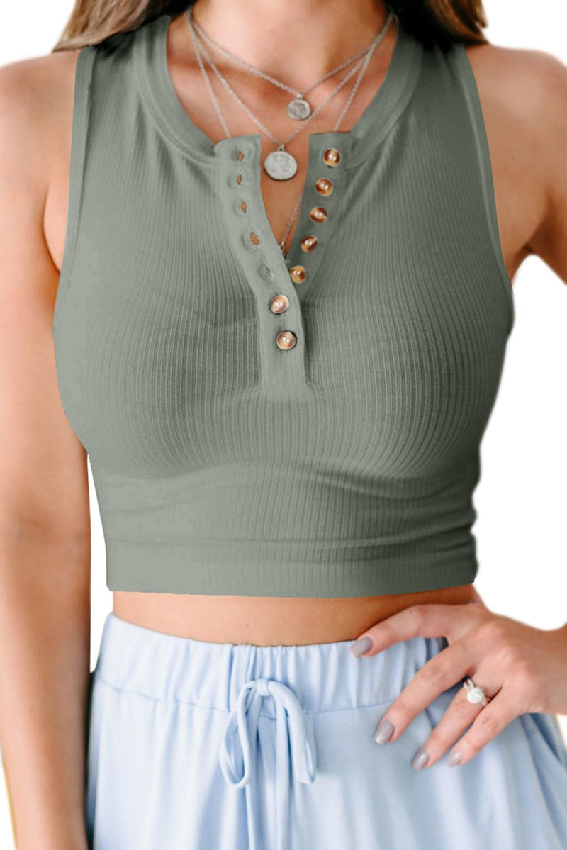 Solid Color Buttons Ribbed Cropped Tank Top