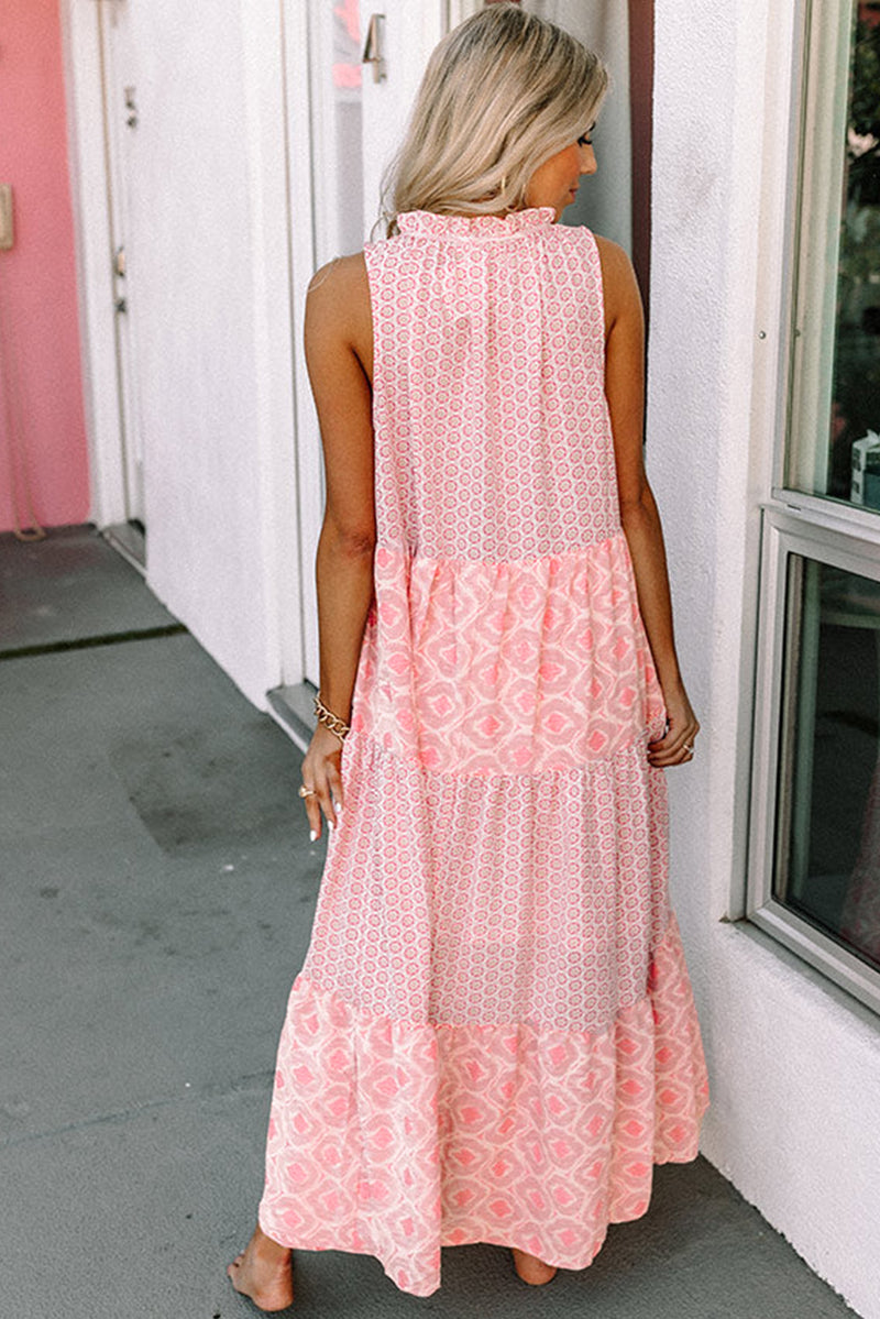 Pink Bohemian Geometric Print Tie Front Sleeveless Maxi Dress