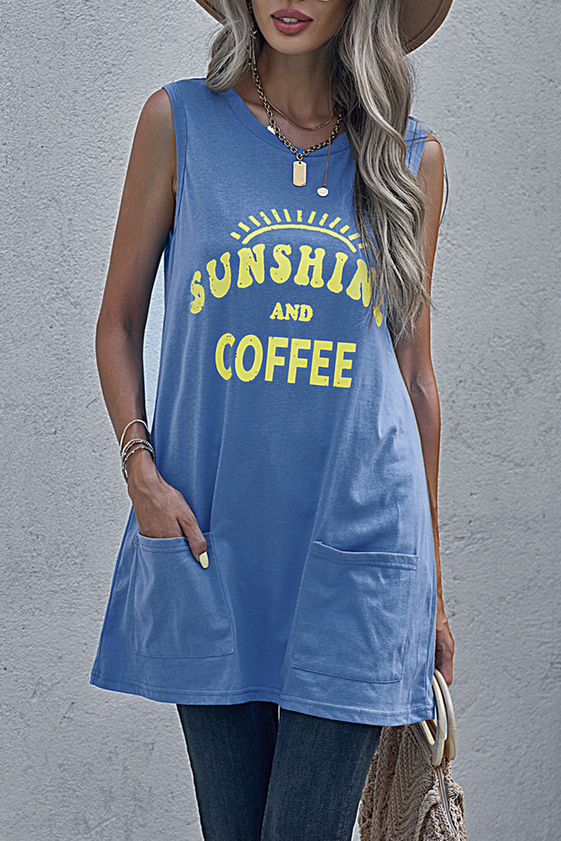 Sky Blue Sunshine And Coffee Letters Graphic Tank With Pockets