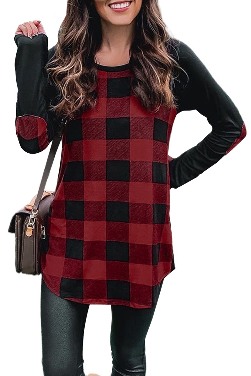 Red Plaid Long Sleeve Top With Elbow Patch