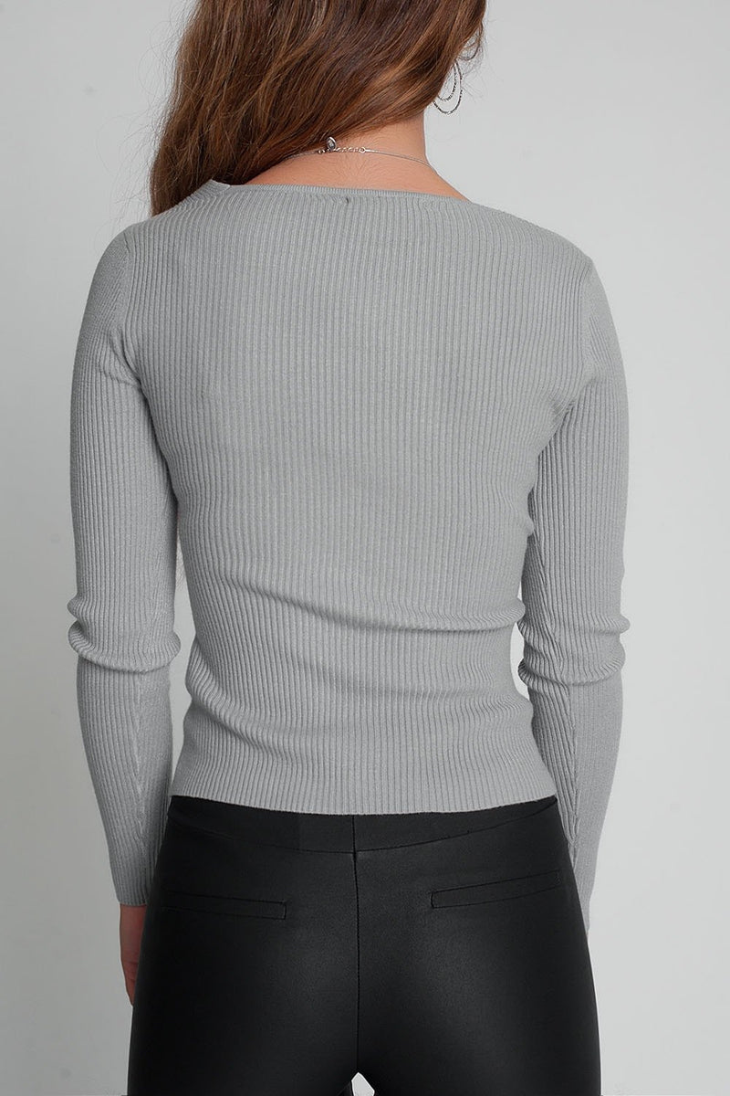 Light Gray Ribbed Wrap Sweater With V-Neck