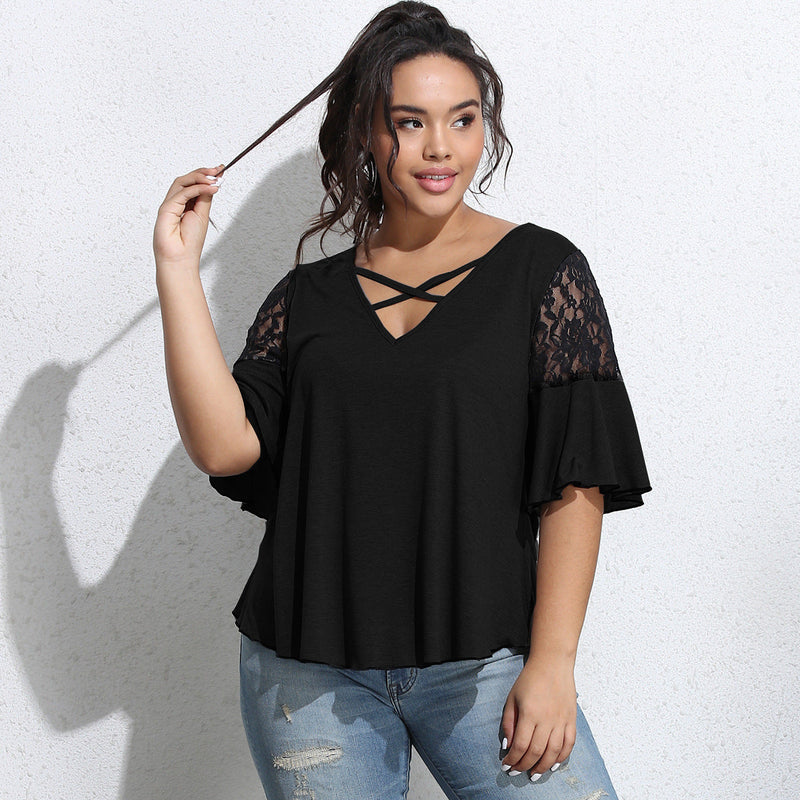 Plus Size Loose Causal Women's Lace Patchwork Top