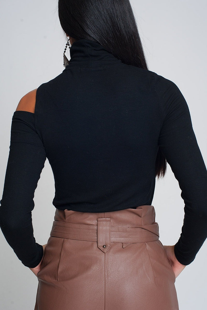 Black Sweater With One Open Shoulder and High Neck