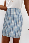 Sky Blue  High Waist Tweed Plaid Mini Skirt