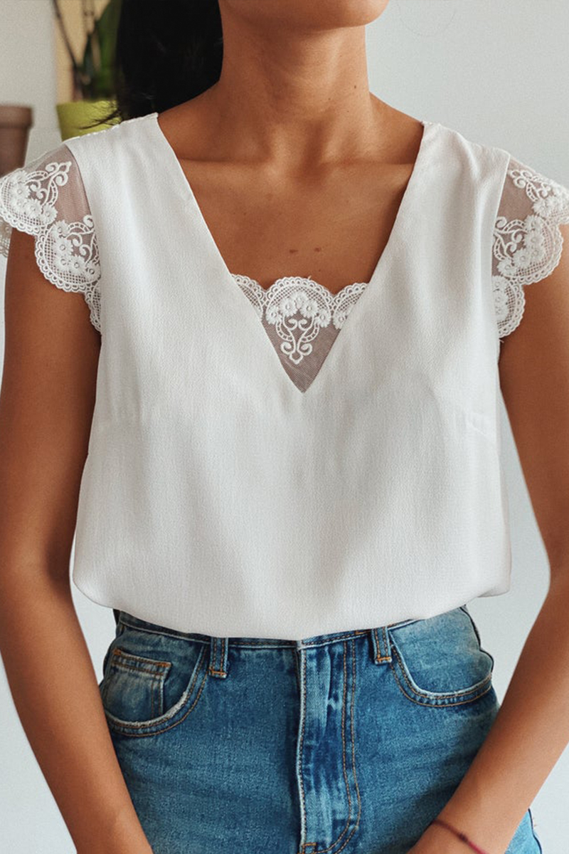 White Lace Patchwork Lace-Up Backless V Neck Blouse