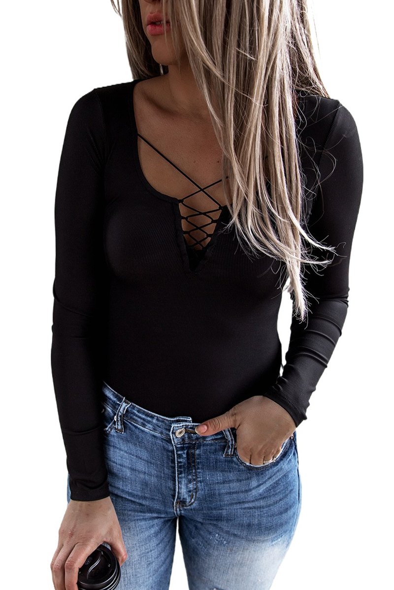 Black Ribbed Lace Up Slim Fit Knit Long Sleeve Top