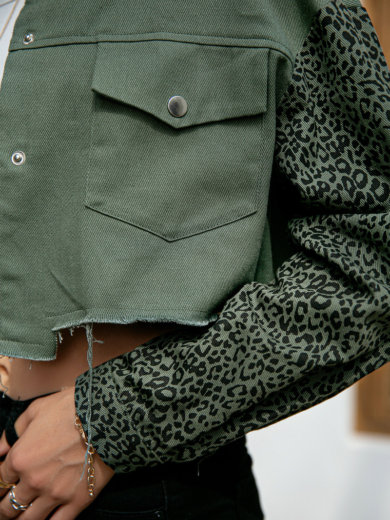 Leopard Print Drop Shoulder Raw Trim Crop Jacket