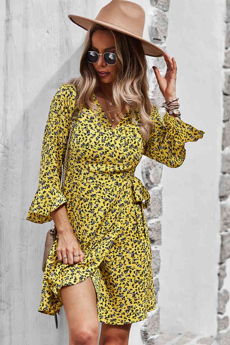 Floral Flare Sleeve Wrap Dress