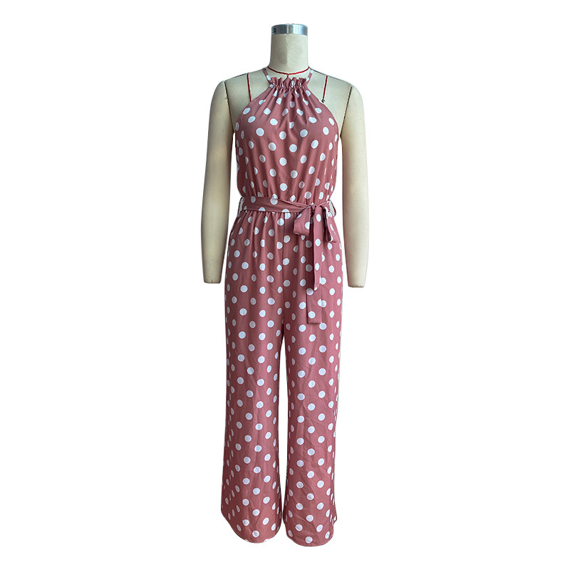 Casual Halter Belted Polka Dot Straight Jumpsuit