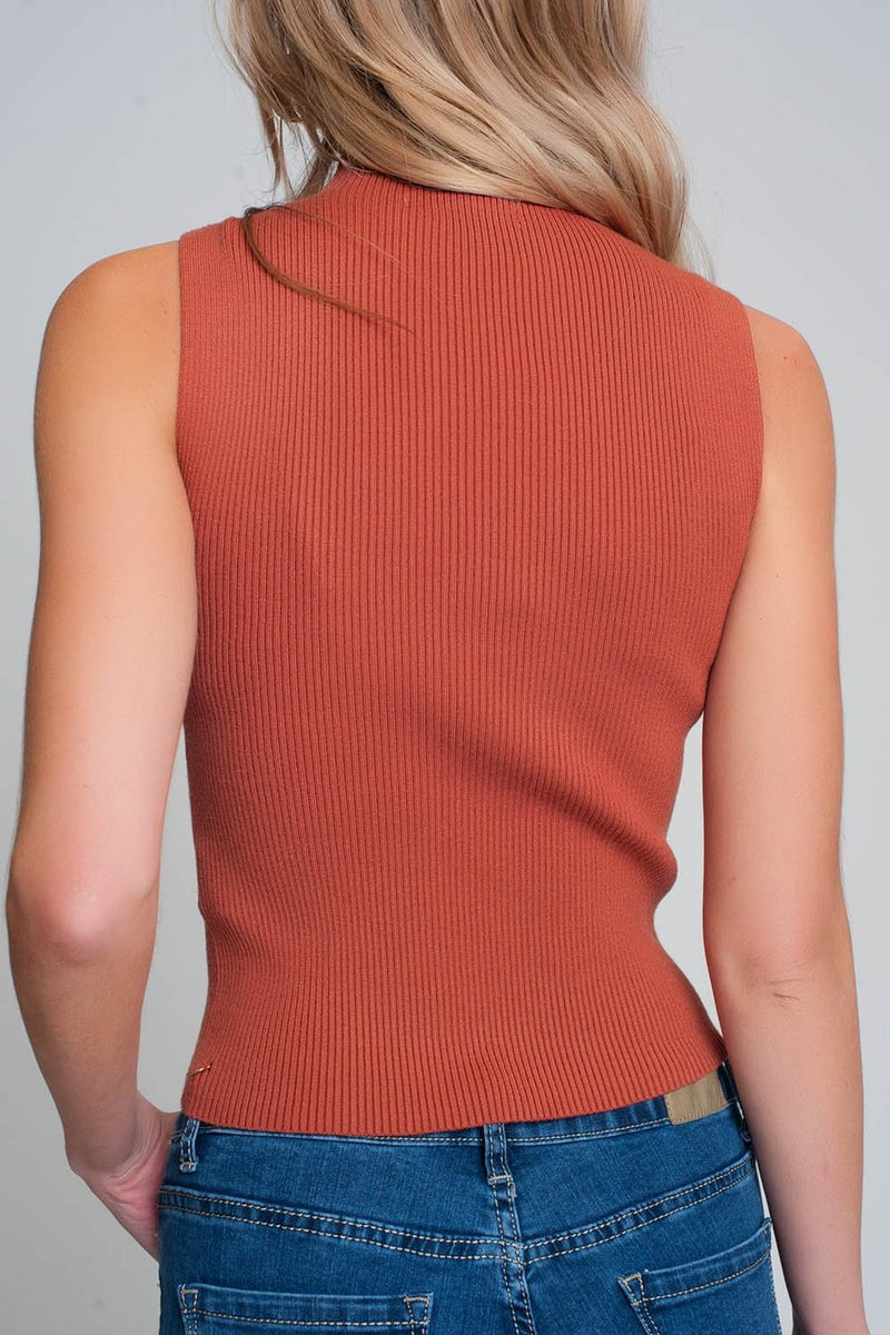 Ribbed Knit Sleeveless Sweater With High Neck in Camel - Sorta Stuff