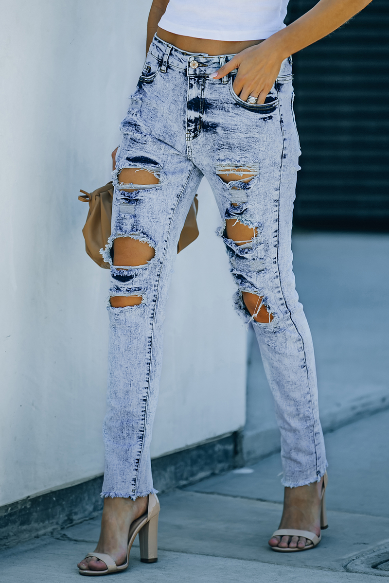 Sky Blue Wash Ripped Slim-Fit Jeans