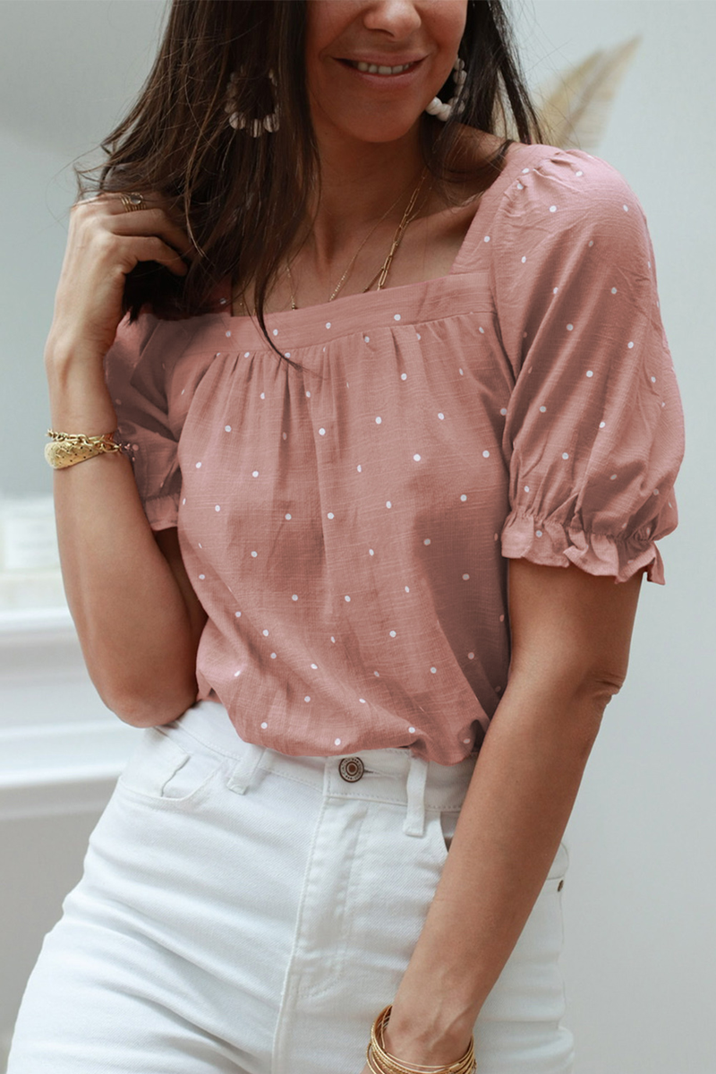 Pink Square Neck Dotted Print Puff Sleeve Blouse With Tie Back