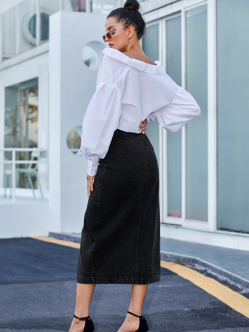 Women's Button Asymmetrical Side-Slit Denim Skirt
