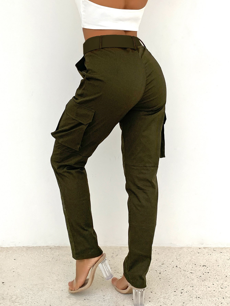 Buckle Belted Solid Cargo Pants