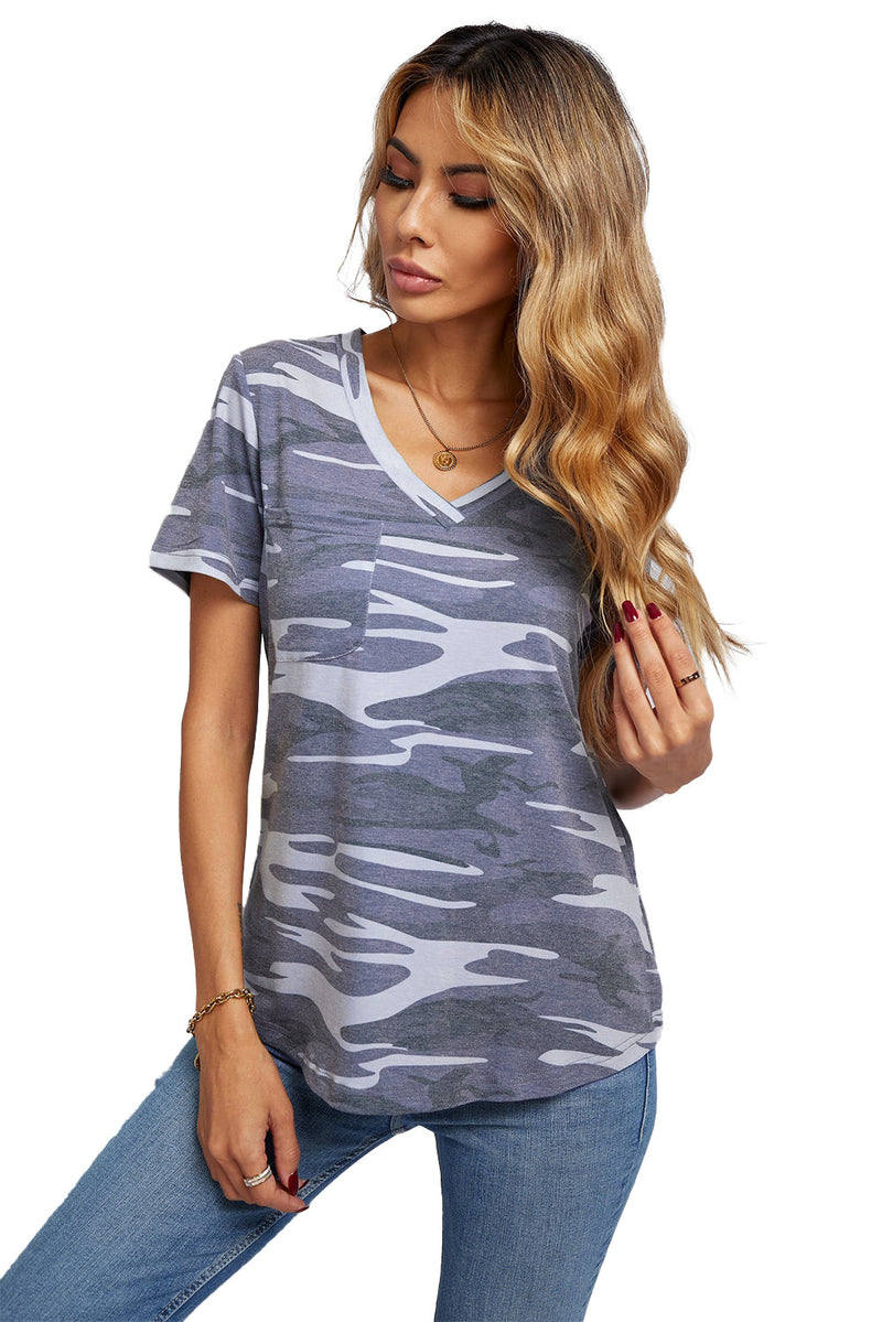 Camouflage Print V Neck Tee With Pocket