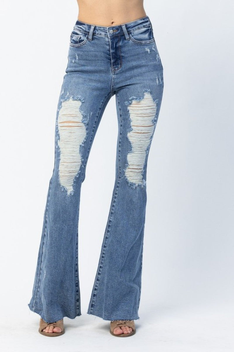 Judy Blue "High-Rise Rebel" High Waist Heavy Destroy Flare Jeans