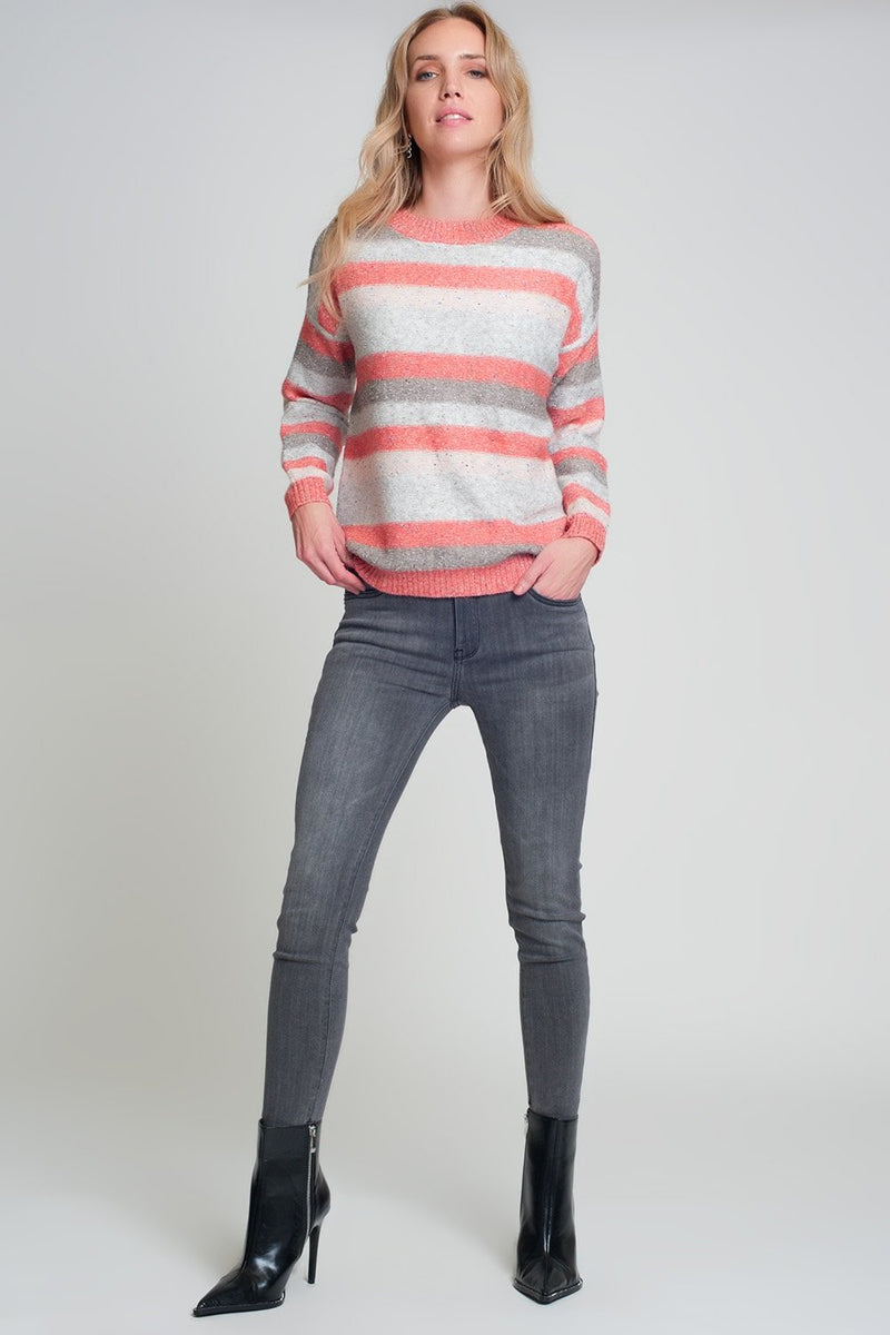 Round Neck Sweater in Red With Stripes and Long Sleeves - Sorta Stuff