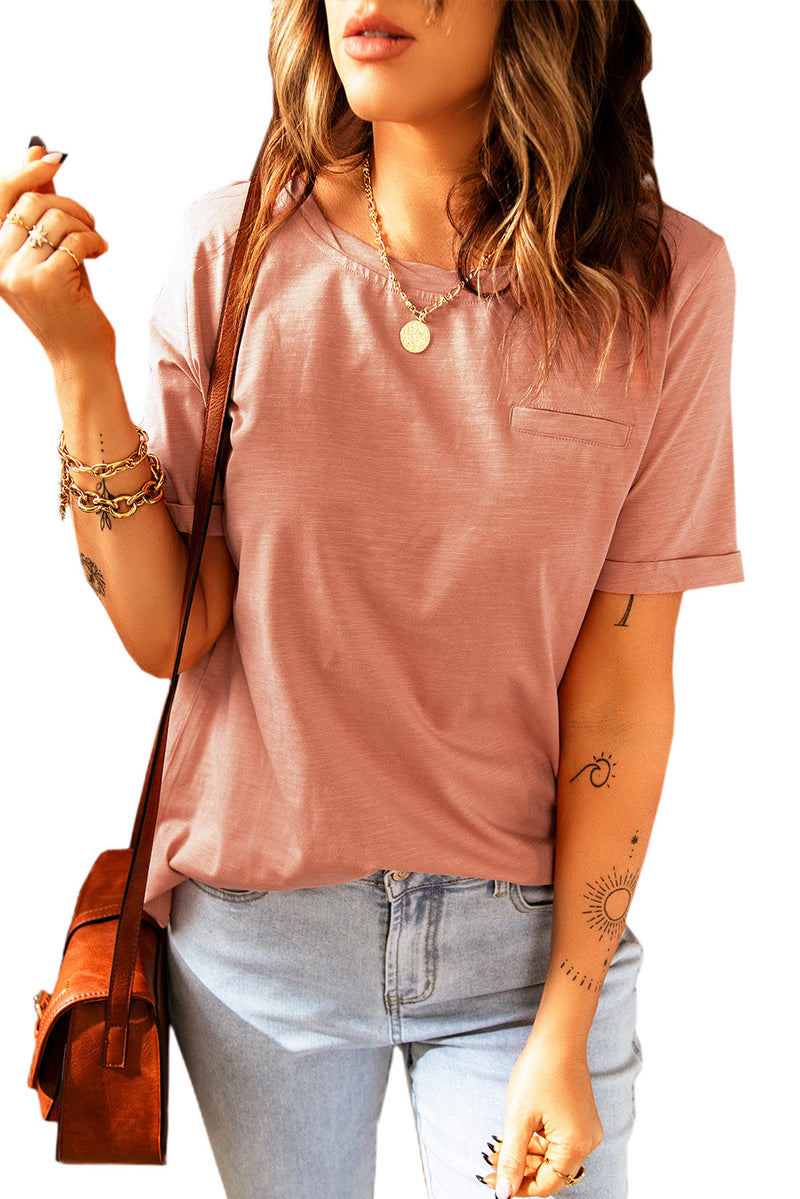 Solid Color Rolled Short Sleeve T Shirt
