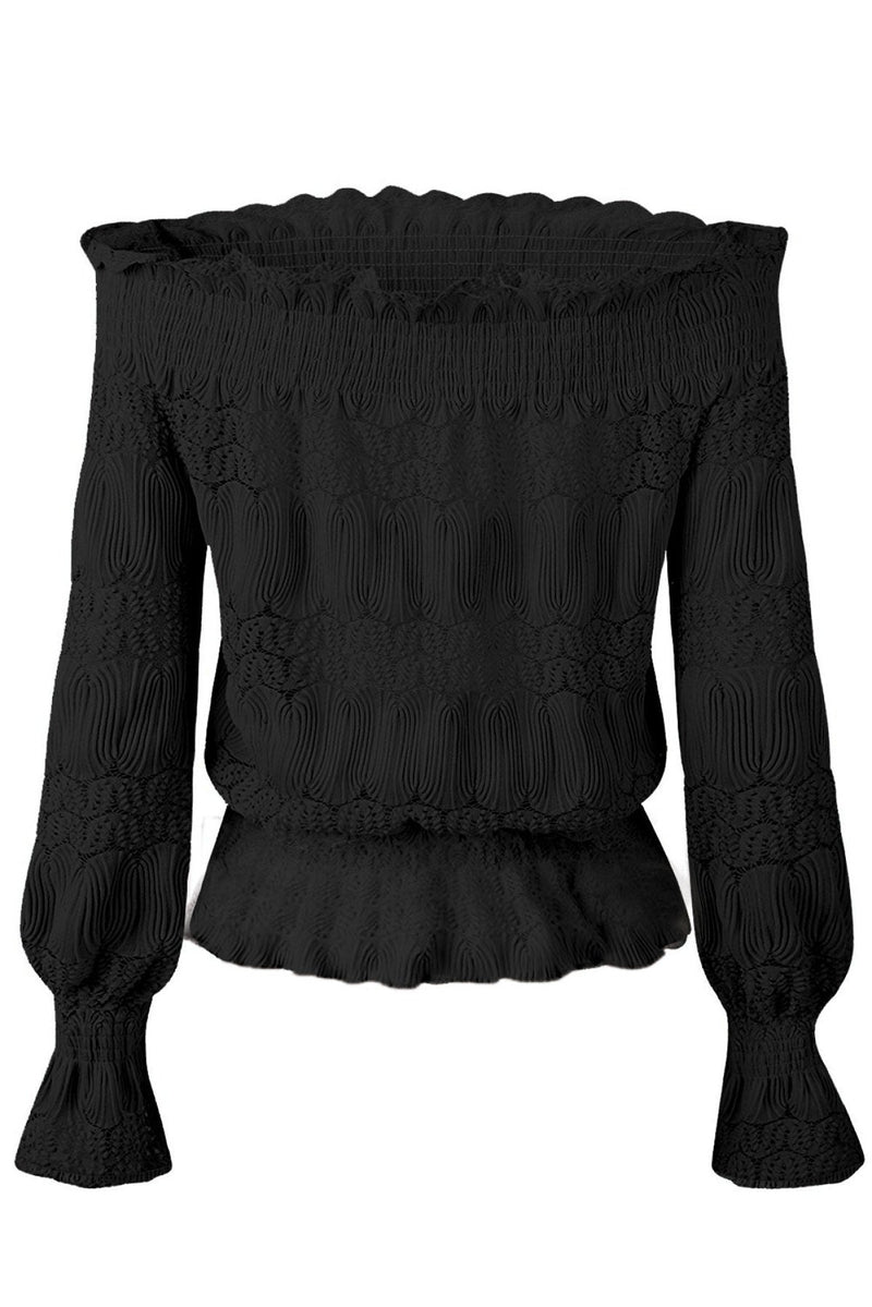 Off Shoulder Ruffle Long Sleeve Smocked Waist Lace Crochet Blouse