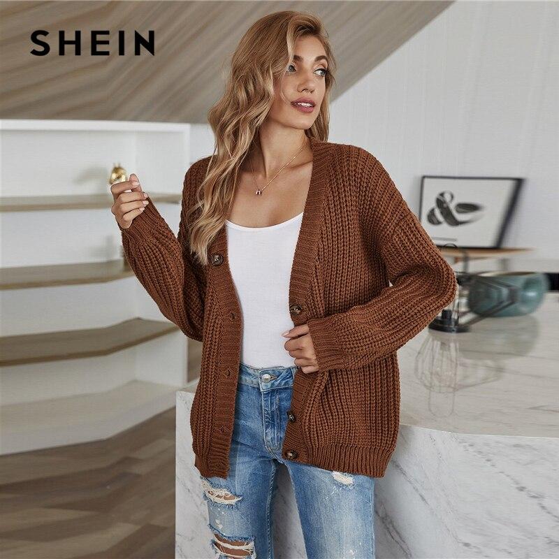 SHEIN Rust Brown Rib-Knit Button Up Cardigan Women Autumn Drop Shoulder Lantern Sleeve Casual Outerwear Cardigans - Sorta Stuff