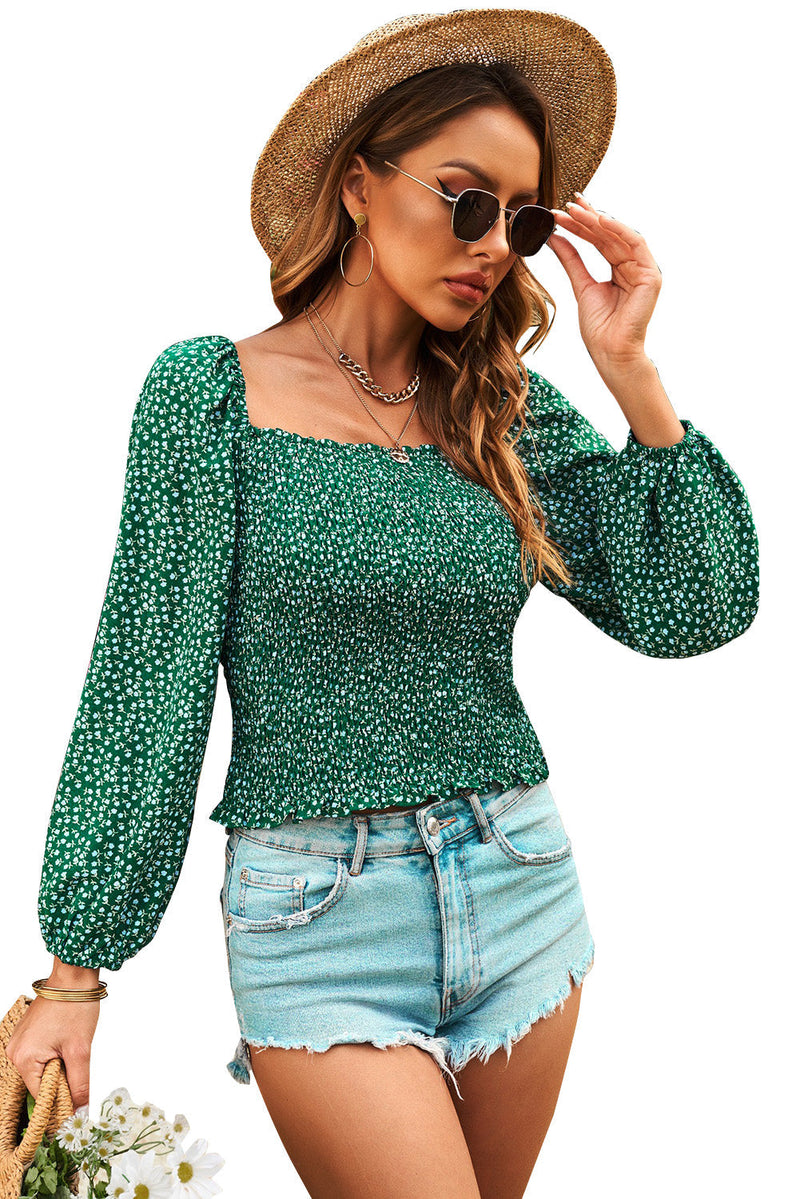 Square Neck Puff Sleeve Floral Smocked Top