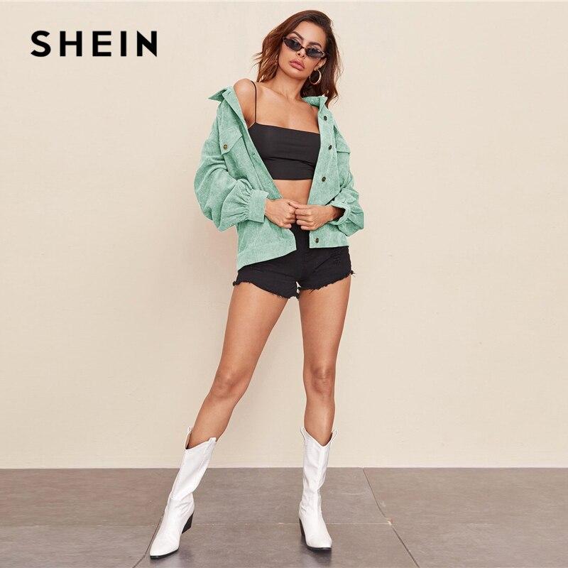 SHEIN Flap Pocket Drop Shoulder Corduroy Coat Women 2020 Autumn Long Sleeve Button Front Solid Outwear Casual Coats - Sorta Stuff