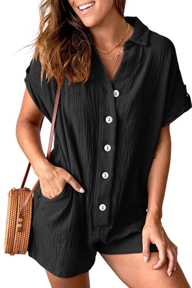 Buttoned Short Sleeve Romper With Pockets