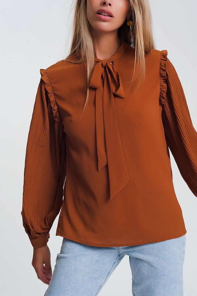 Blouse With Volume Sleeve and Tie Front Detail in Camel - Sorta Stuff