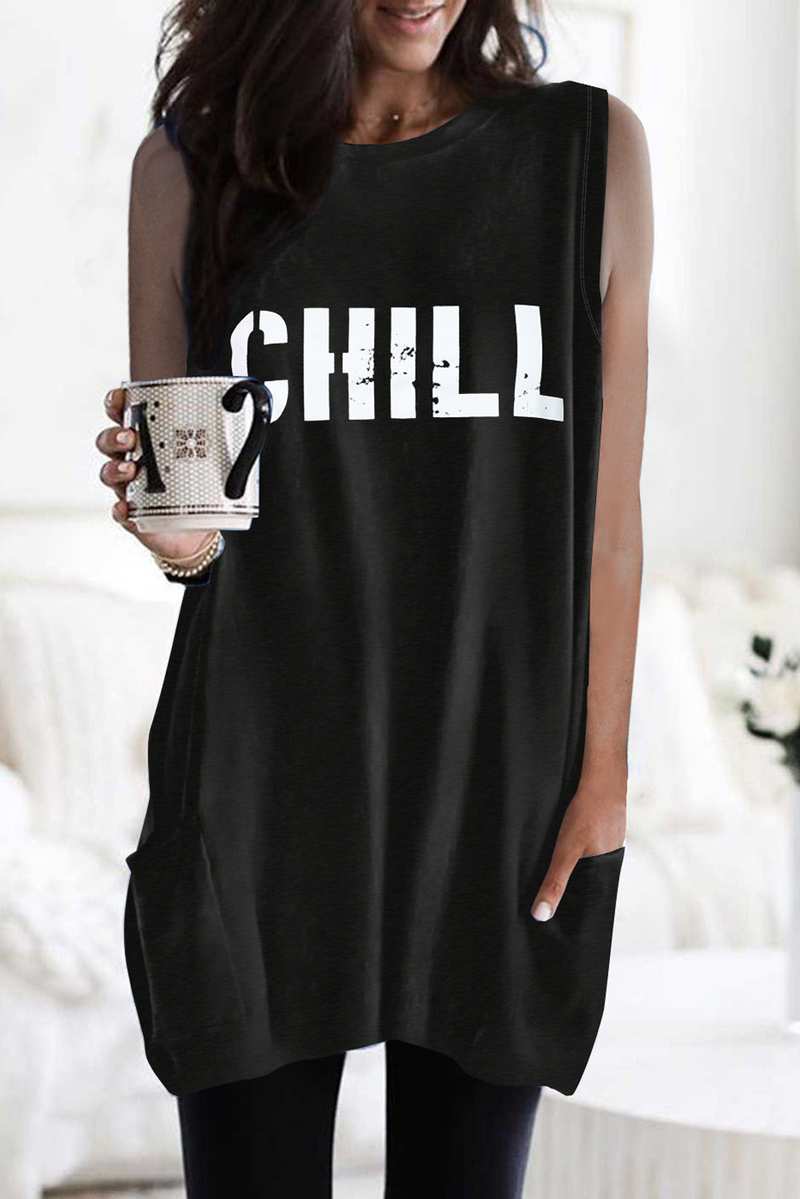 Black Chill Letters Graphic Tank With Pockets