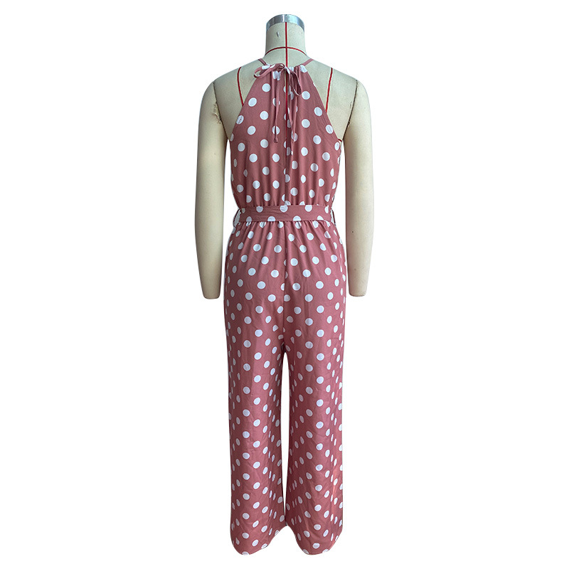 Casual Halter Belted Polka Dot Straight Jumpsuit
